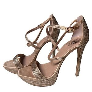 Vince Camuto women’s pink nude sequin Bling Cross Strap high platform Heel 9.5